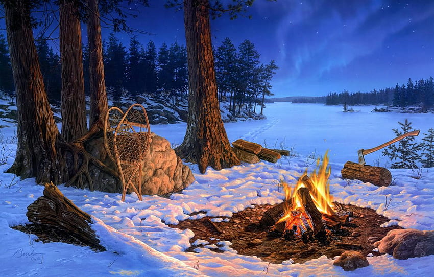 Winter Flame แคมป์ไฟฤดูหนาว วอลล์เปเปอร์ HD