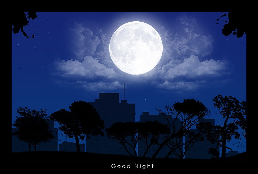 Drzewa, noc, księżyc, miasto, wektor, budynek, cienie Tapeta HD