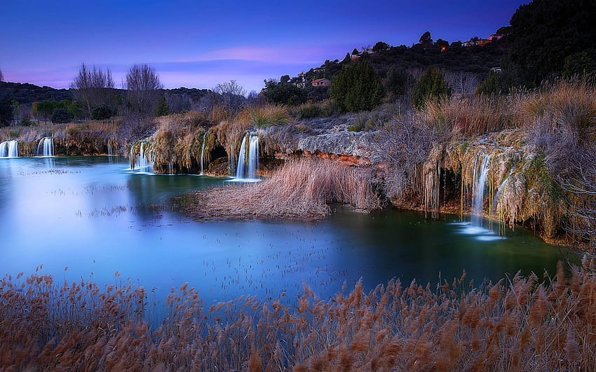 landscape, Nature, Evening, Lake, Waterfall, Hill, Village, Trees, Spain Landscape HD wallpaper