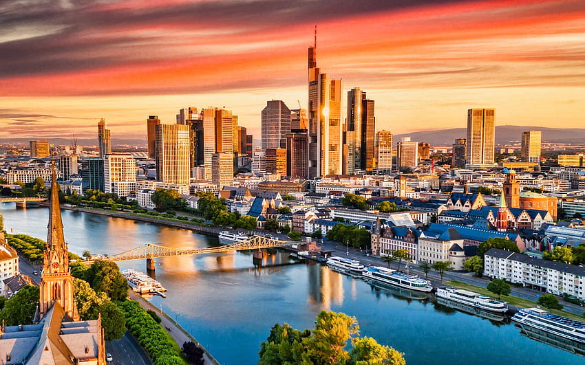 Frankfurt, Commerzbank Tower, Maintower, wieczór, zachód słońca, drapacze chmur, pejzaż Frankfurtu, panoramę Frankfurtu, Niemcy, Frankfurt nad Menem dla z rozdzielczością. Wysoka jakość Tapeta HD