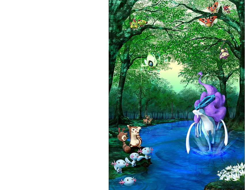 Pokemon Bosque, río, blanco, árbol, planta, anime, fantasía, flor, agua, bosque, pokemon, corriente fondo de pantalla