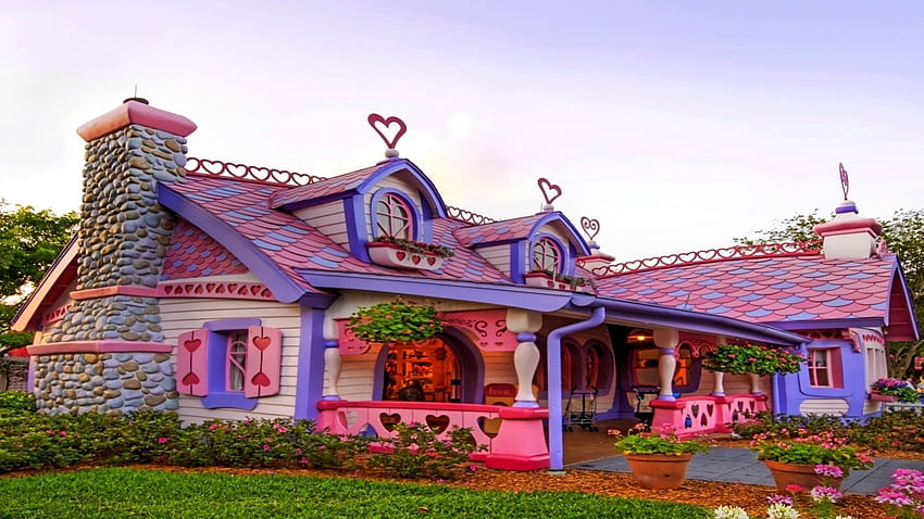 愛の小屋、ハート、ピンク、花、家 高画質の壁紙