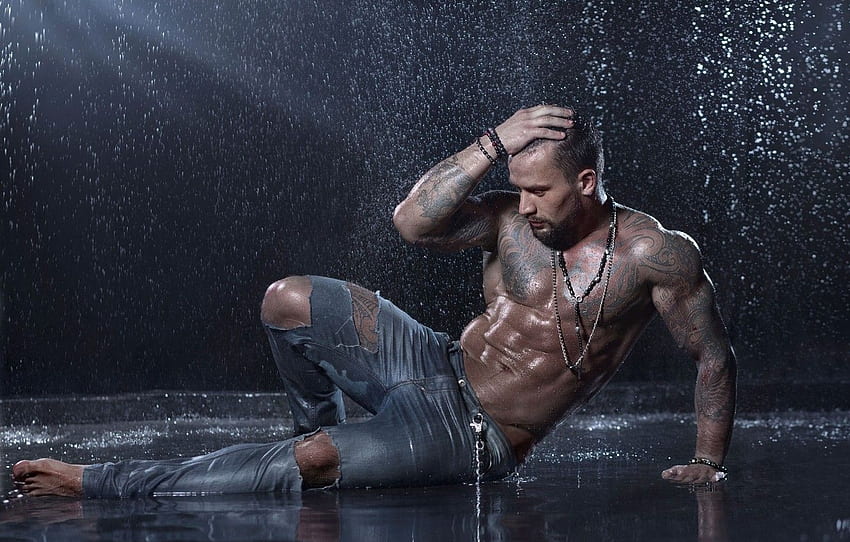 вода, поза, дъжд, модел, дънки, татуировка, човек, скъсан, мускулест за , раздел мужчины, Muscle Man HD тапет