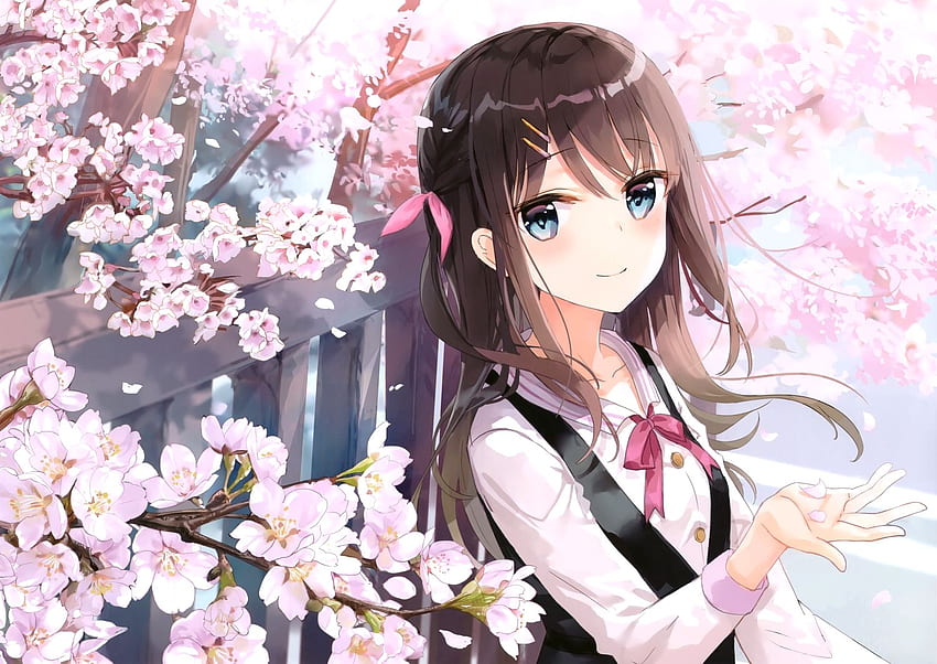 yeux bleus cheveux bruns fleurs de cerisier fleurs coupées kyouya kakehi, Spring Anime Girl Fond d'écran HD