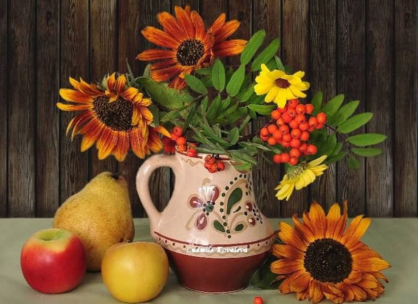 Stillleben, Vase, Apfel, schön, Blumen HD-Hintergrundbild
