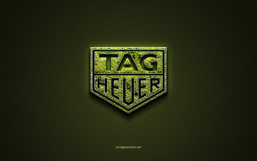 TAG Heuer 로고, 그린 크리에이티브 로고, 플로럴 아트 로고, TAG Heuer 엠블럼, 그린 탄소 섬유 질감, TAG Heuer, 크리에이티브 아트 HD 월페이퍼