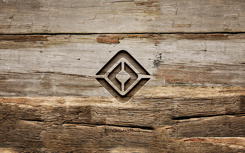 Rivian の木製ロゴ、木製の背景、車のブランド、Rivian のロゴ、クリエイティブ、木彫り、Rivian 高画質の壁紙