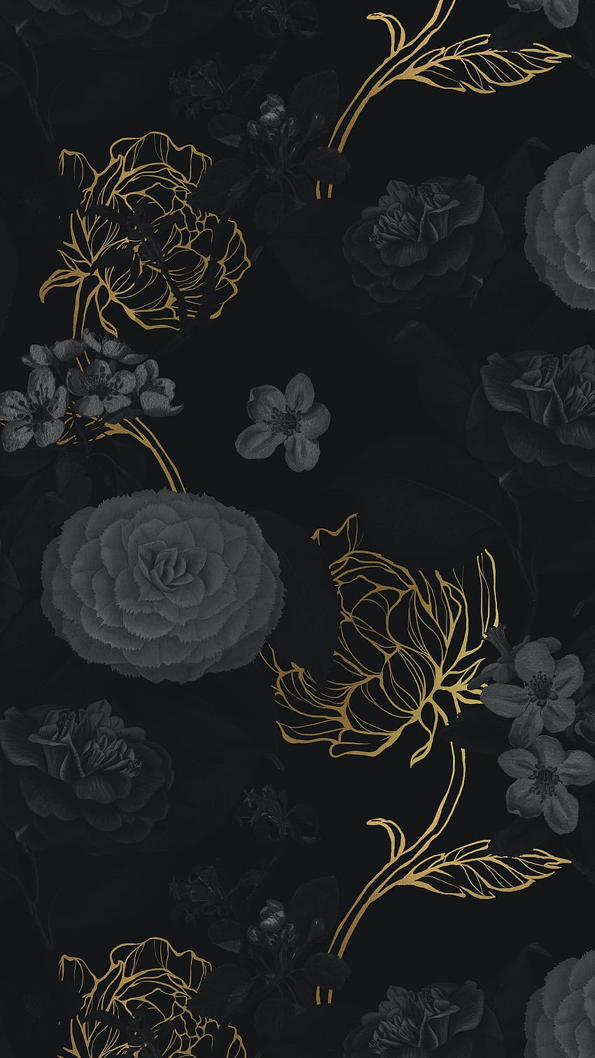 illustrazione premium di scuro disegnato a mano con motivi floreali dorati nel 2021. Telefono scuro, iphone nero scuro, nero Sfondo del telefono HD
