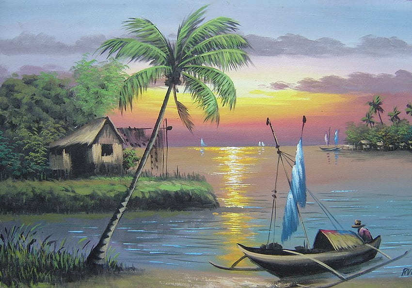 Taiwan Sunset, boat, painting, ocean, sunset HD wallpaper | Pxfuel