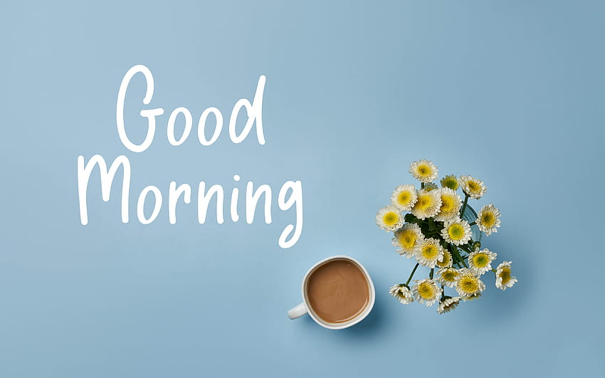 Selamat pagi, secangkir kopi, karangan bunga aster, konsep selamat pagi, latar belakang biru Wallpaper HD