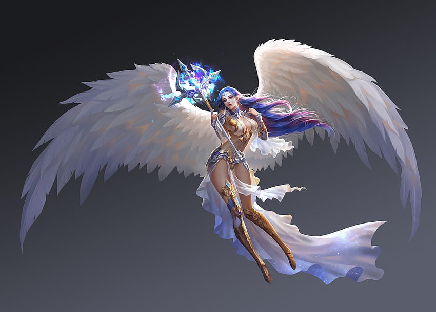 Angel, wings, white, frumusete, grey, girl, pink, feather, fantasy, game, luminos HD wallpaper