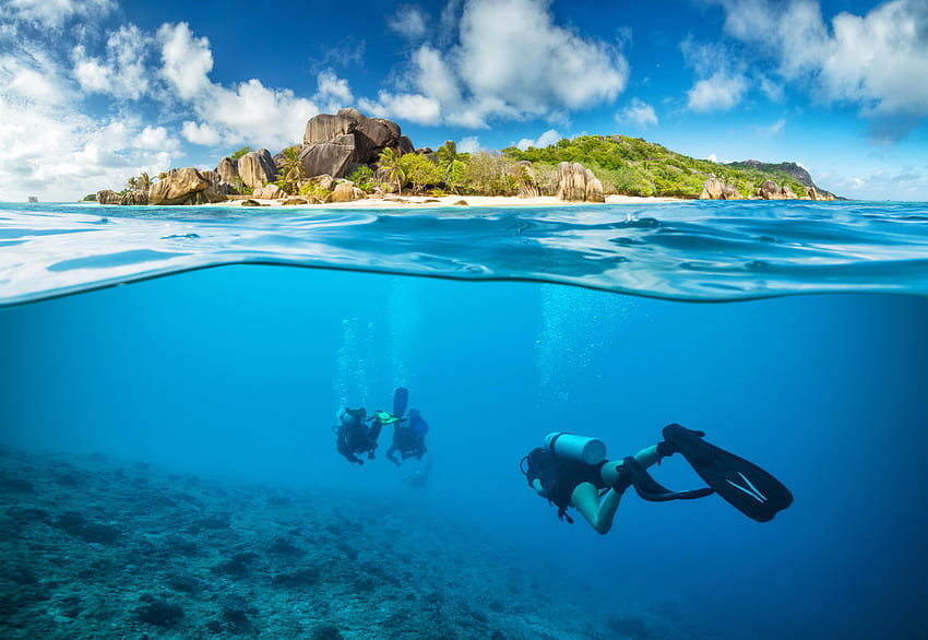 Person diving underwater, landscape, scuba, underwater, coral, Deep Sea Diver HD wallpaper