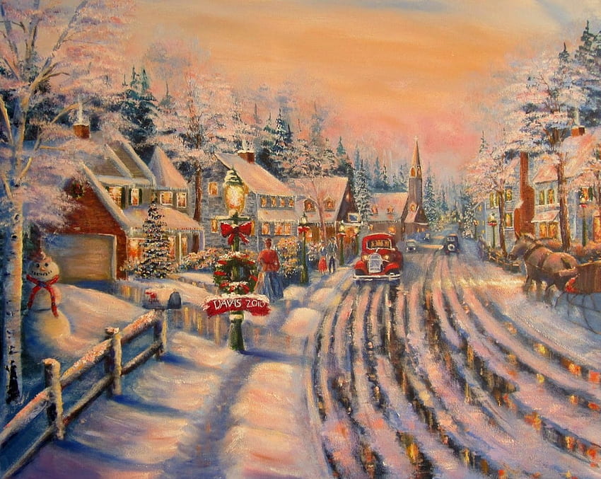 Коледа в Ан Арбър, зима, произведения на изкуството, , кола, град, сняг, улица, къщи HD тапет