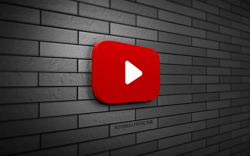 Logotipo 3D de Youtube, pared de ladrillo gris, creativo, redes sociales, logotipo de Youtube, arte 3D, Youtube fondo de pantalla