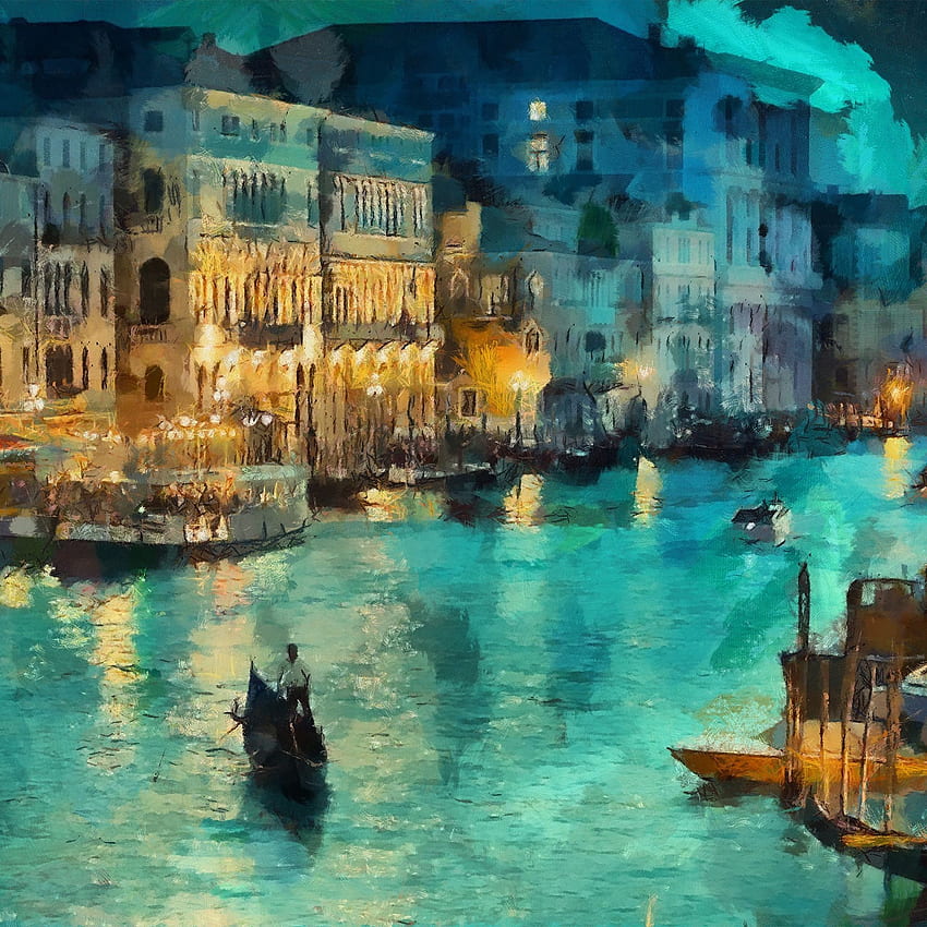 Arte Pintura clásica Agua Lago Noche, Venecia Pintura fondo de pantalla del teléfono
