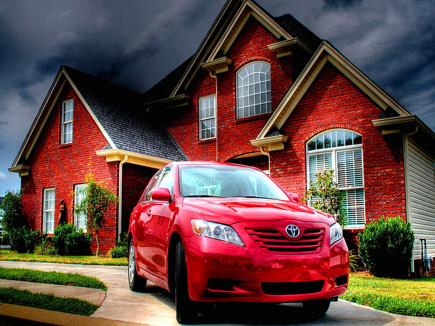 Color harmony, car, house, toyota, colors, parked, beautiful, japanese car, red, clouds, alley, flowers, sky, harmony HD wallpaper