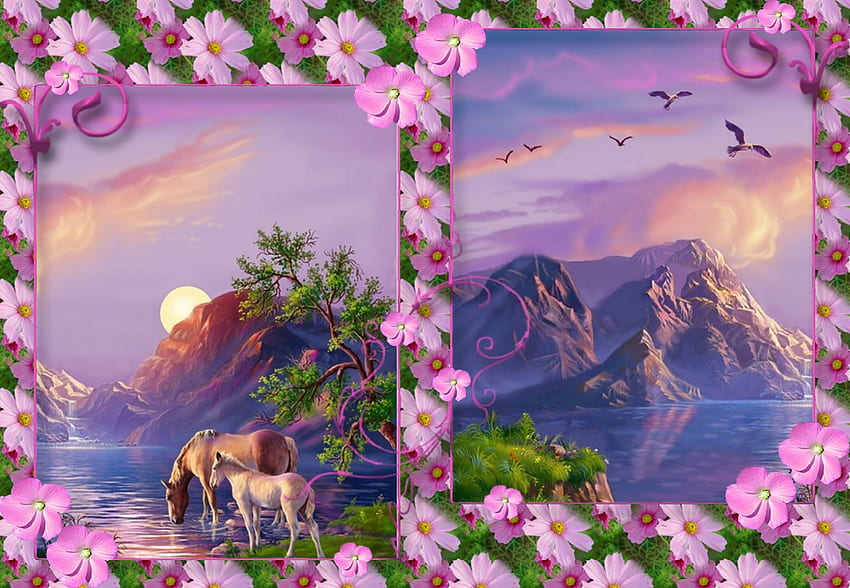 Wild Vistas, pastel, weather, soft, wild, hazy, sunrise, beauty, lake, pink, horses, nature, flowers, mountains HD wallpaper