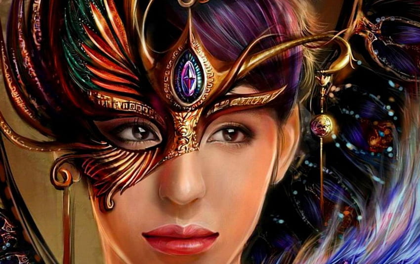 Beauty, mask, art, girl, woman, jewel, purple, fantasy, face, stone HD wallpaper