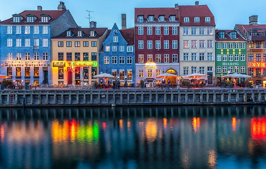 lumières, rivière, maison, le soir, Danemark, lumières, canal, Copenhague pour , section город Fond d'écran HD