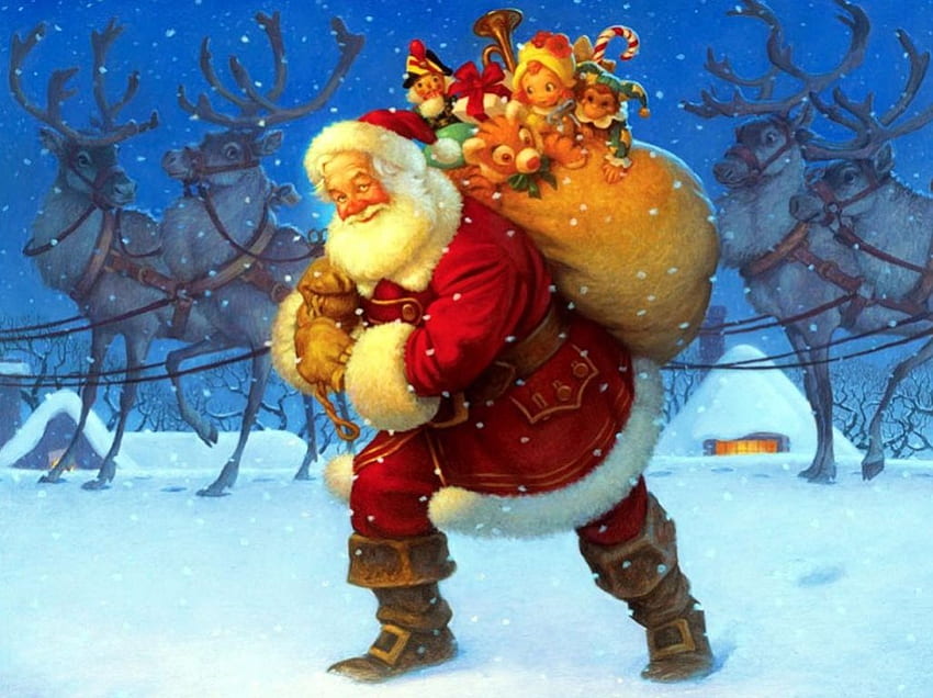 Natale in arrivo, inverno, opere d'arte, renne, pittura, neve, regali, Babbo Natale Sfondo HD