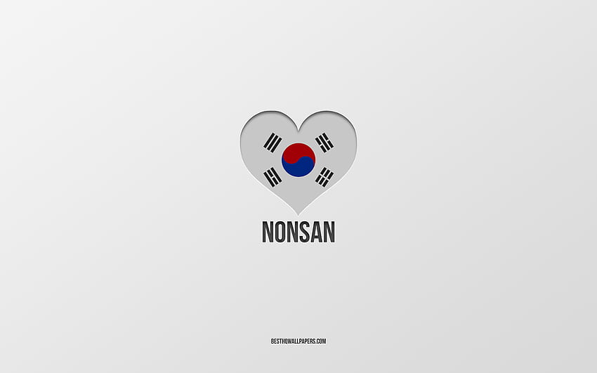 J'aime Nonsan, villes sud-coréennes, Jour de Nonsan, fond gris, Nonsan, Corée du Sud, Coeur de drapeau sud-coréen, villes préférées, Love Nonsan Fond d'écran HD