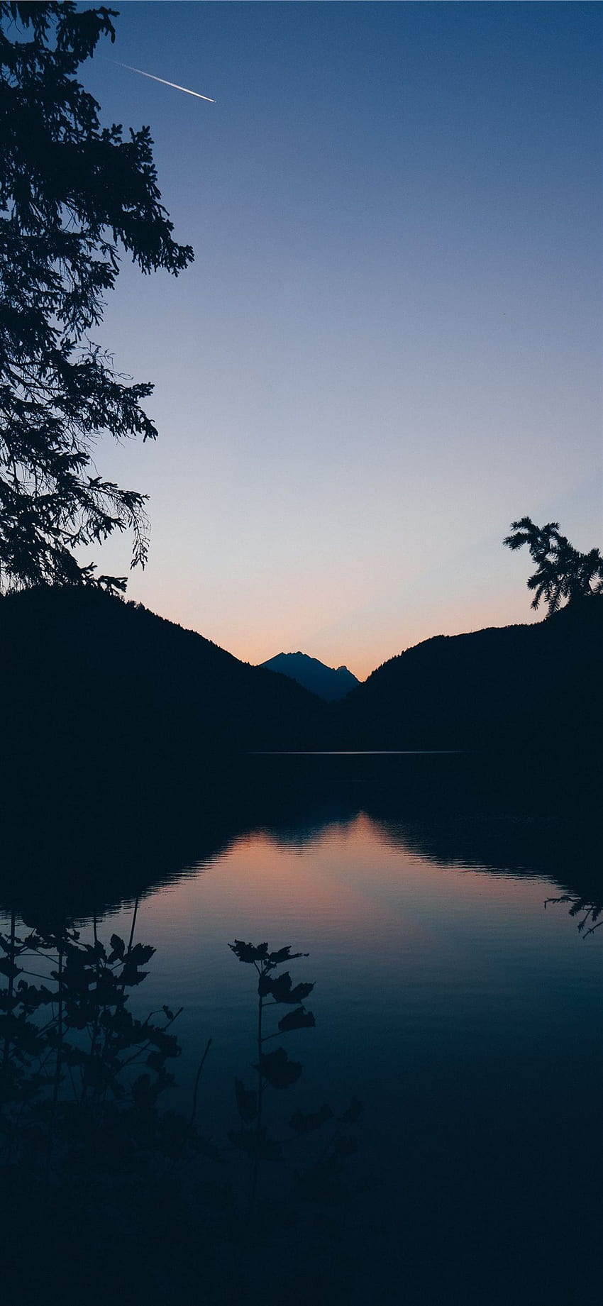 silhouette of mountain lake and trees in nature ph. iPhone 11 HD phone wallpaper