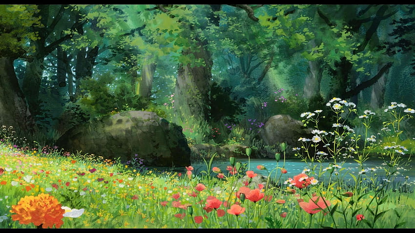 tosha kay na Krajy. Tło Studio Ghibli, Tło Ghibli, Sceneria anime, Słodki animowany las Tapeta HD