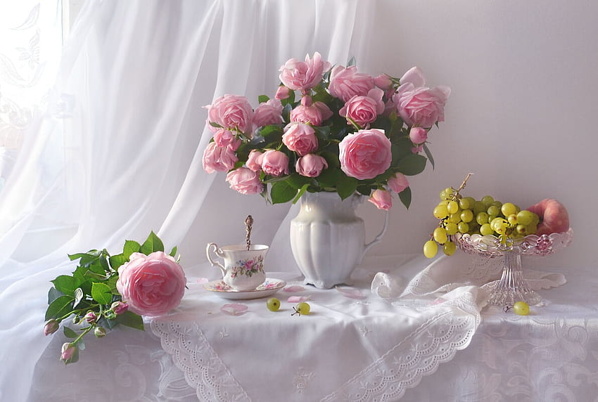 Pink Roses, Roses, Grapes, Petals, Window HD wallpaper