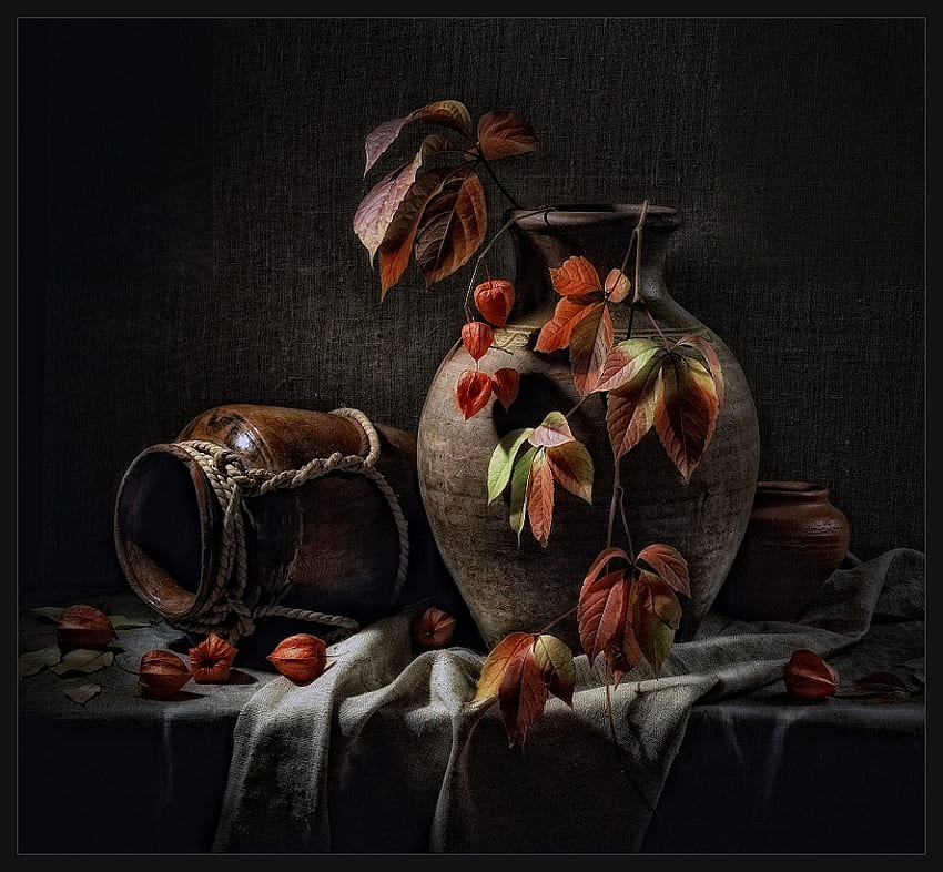 Earth Tones, table, jugs, lanterns, fabric, fall, colours, still life, leaves, red, earthen ware HD wallpaper