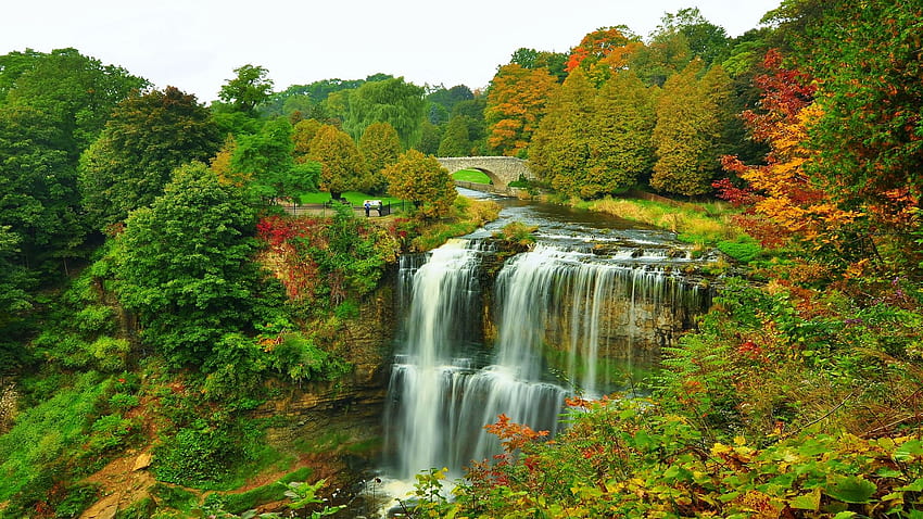Parc d'automne, rivière, automne, nuages, arbres, cascades, couleurs, ciel Fond d'écran HD