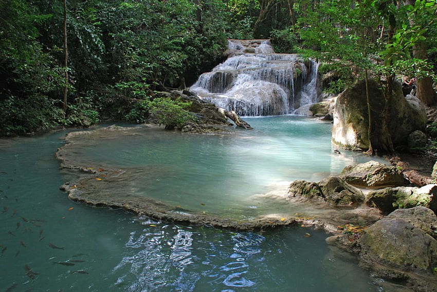 Thailand-Wasserfall, Thailand, schönes Wasser, Wasserfall, Felsen, Wald HD-Hintergrundbild