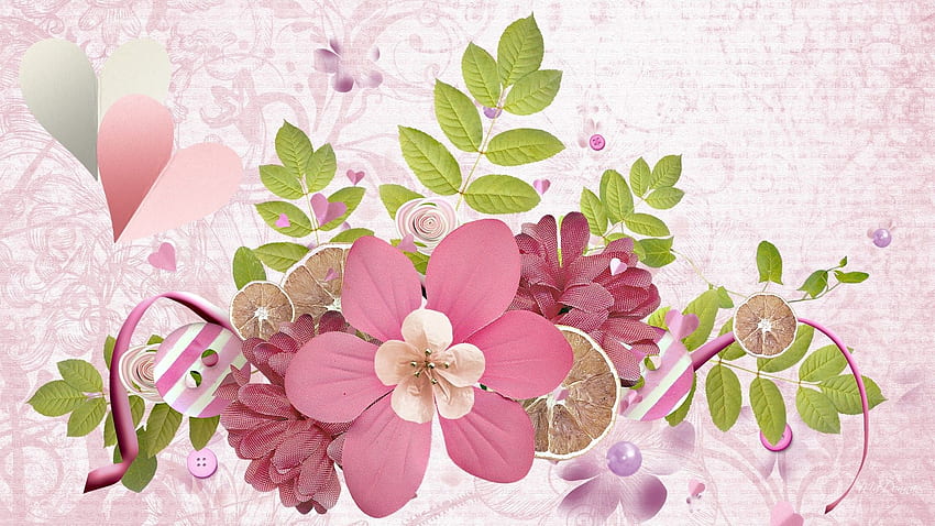 Цвете: Винтидж пролетни листа Артистични лилави летни копчета Папрат HD тапет