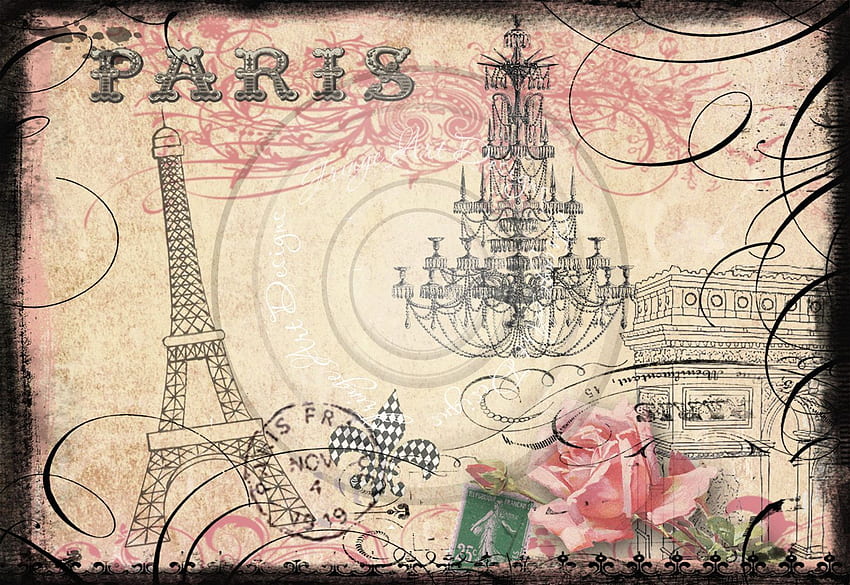 Torre Eiffel parisina y Arco del Triunfo Collage digital francés, París vintage fondo de pantalla