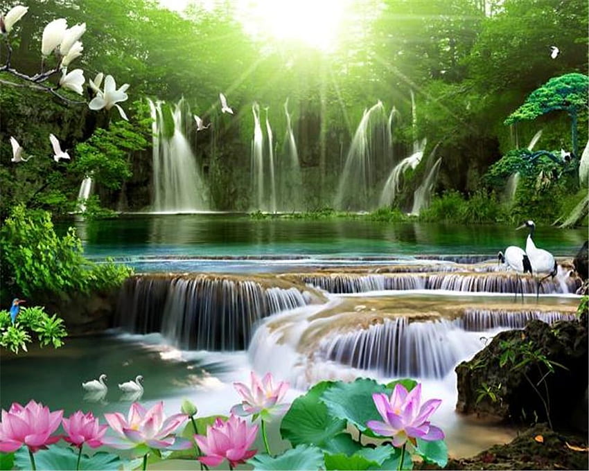 Piante verdi Delicato fiore di loto Gru Grande foresta Cascata Bellissimo scenario Rivestimento murale in seta Da Yunlin888, $ 11,9 Sfondo HD