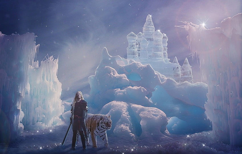 ragazza, neve, tigre, castello, luppolo, spada, arte, castello di ghiaccio per , sezione фантастика Sfondo HD