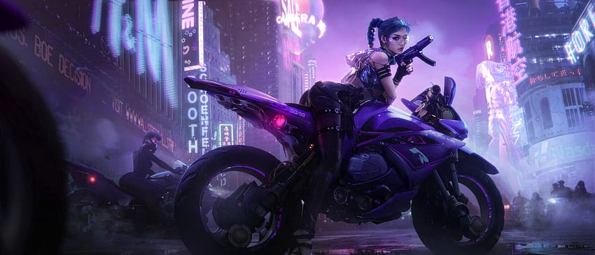 Fantasy girl, girl, tian zi, purple, fantasy, motorcycle, dark HD wallpaper