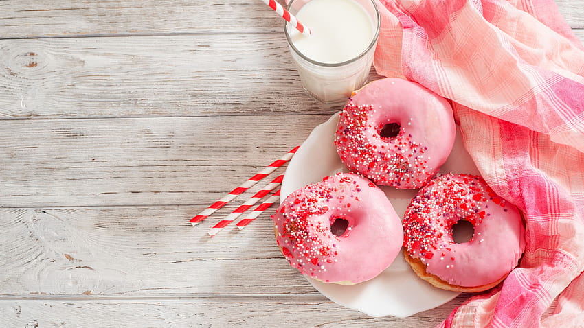 Pink donut, milk, food, breakfast U HD wallpaper