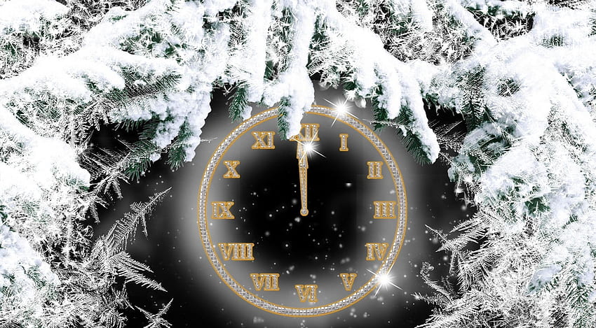 Holidays, Snow, Clock, Branches, Needles, Clock Face, Dial, Midnight HD wallpaper
