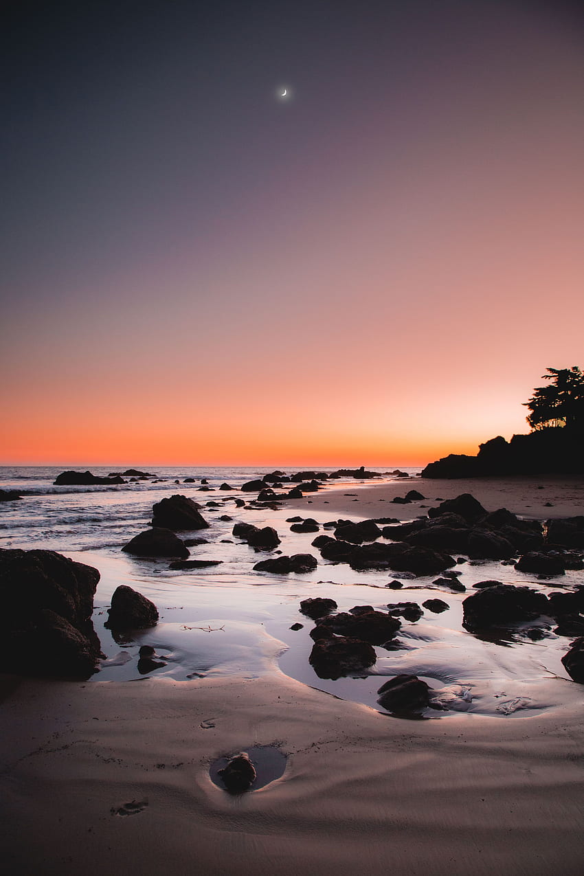 Rocky beach , Sunrise, Crescent Moon, Dawn, Nature HD phone wallpaper