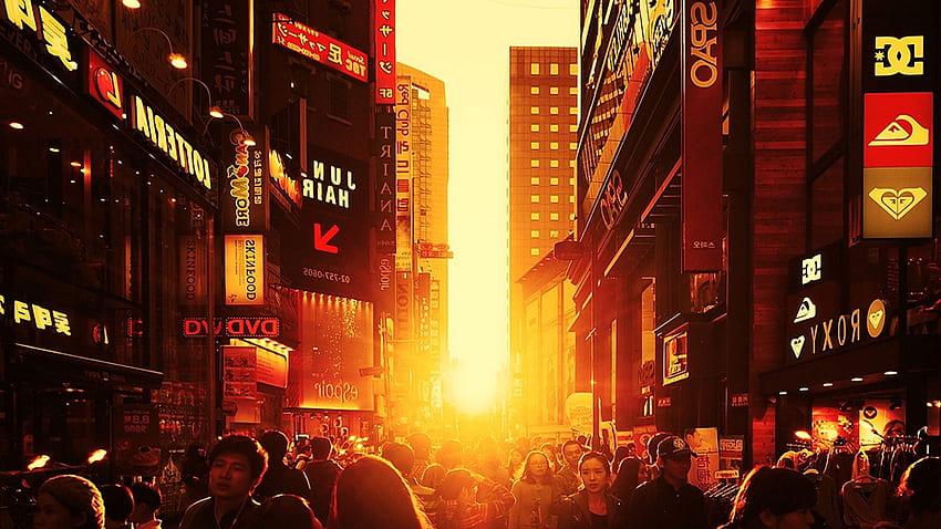 Сеул, пешеходец, залез, град, Южна Корея, улица, оранжево, слънчева светлина / и мобилен фон HD тапет