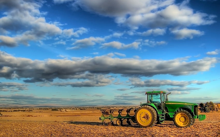 Tractor, plowing, farm, sky, clouds , Winter Tractor HD wallpaper