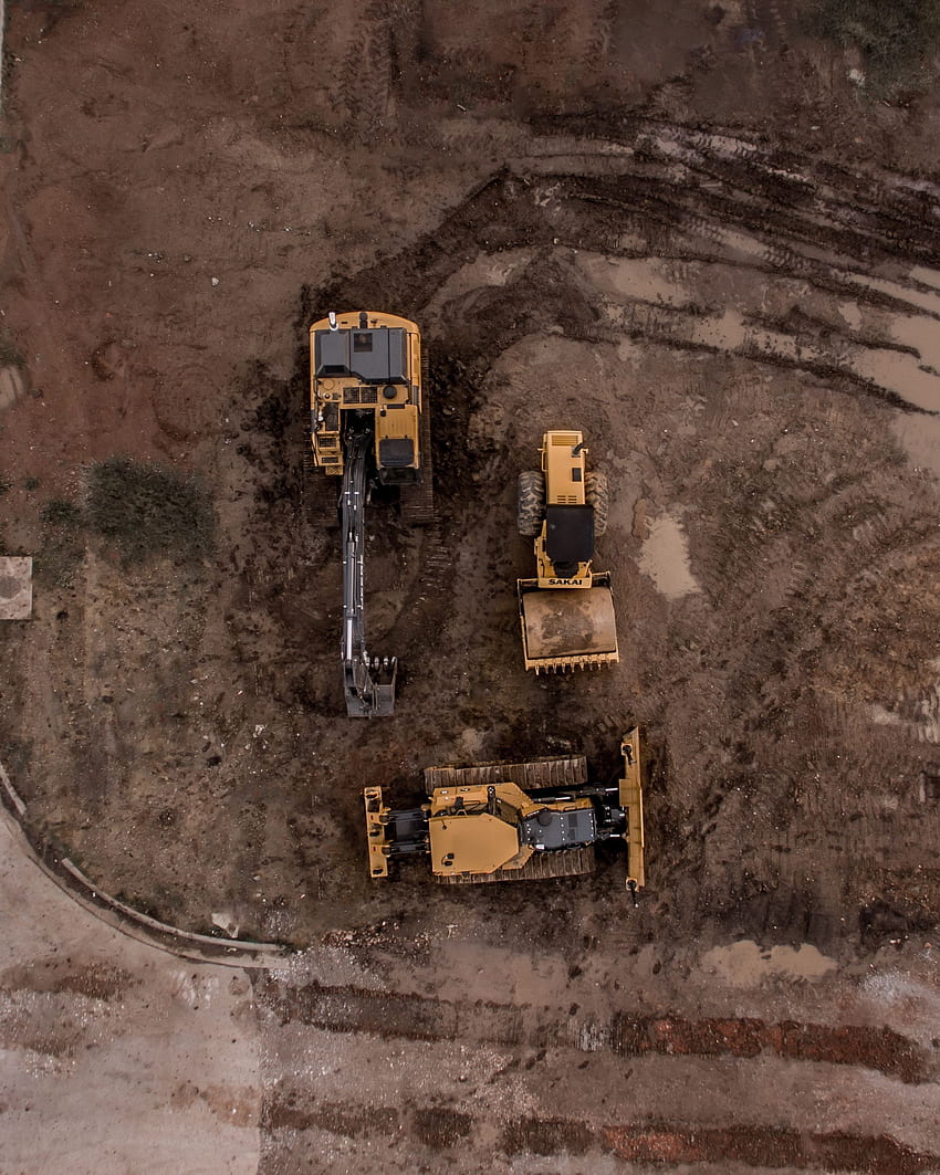 Aerial Of Excavator, Road Roller, And Bulldozer · Stock HD phone wallpaper