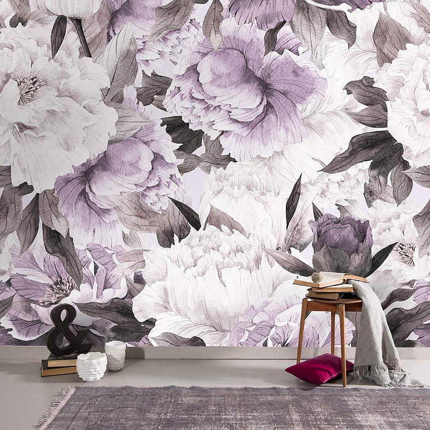 Muraviewall 大きな花 白と紫の花 , プリント絵画 , 家の装飾 , 壁の装飾 , 取り外し可能なピールとスティック , オフィス , リビングルーム I カスタムサイズ : 手作り製品 , 印刷可能な花 HD電話の壁紙