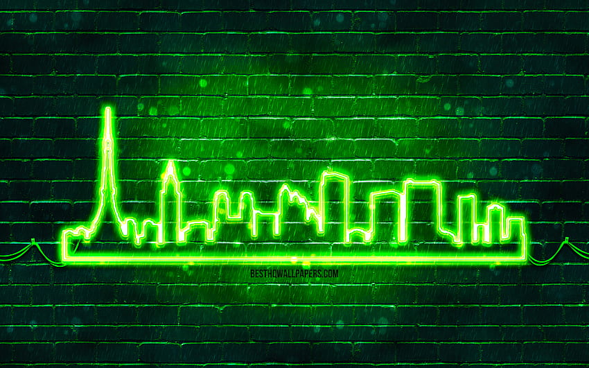 Tokyo green neon silhouette, , green neon lights, Tokyo skyline silhouette, green brickwall, japanese cities, neon skyline silhouettes, Japan, Tokyo silhouette, Tokyo HD wallpaper