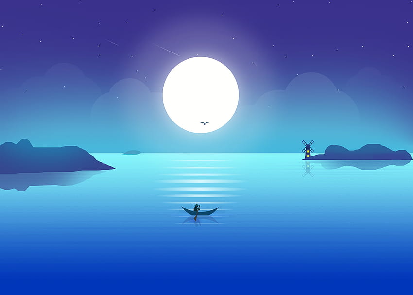 Art, Moon, Horizon, Boat, Fisherman HD wallpaper