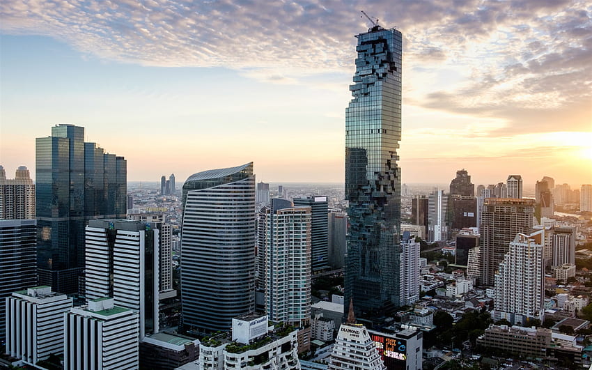 Bangkok, MahaNakhon, Morgen, Sonnenaufgang, Wolkenkratzer, King Power Mahanakhon, Bangkok Panorama, Skyline von Bangkok, Thailand HD-Hintergrundbild