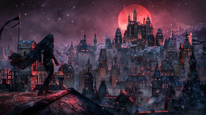 Red moon, fantasy, moon, art, mike luard, red, castle, dark, night, halloween, luminos HD wallpaper