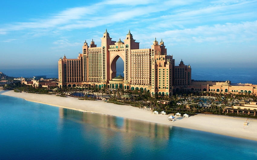Atlantis - The Palm, Emirados Árabes Unidos, ilha, Dubai, Atlantis, homem feito, oceano, The Palm, água papel de parede HD