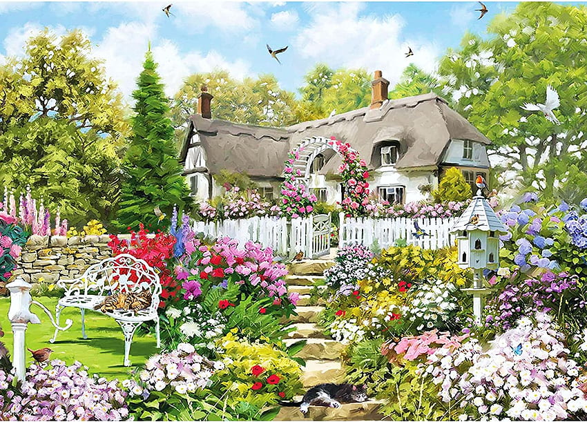 Country Cottage, uccelli, fiori, panchina, pittura, giardino, alberi Sfondo HD