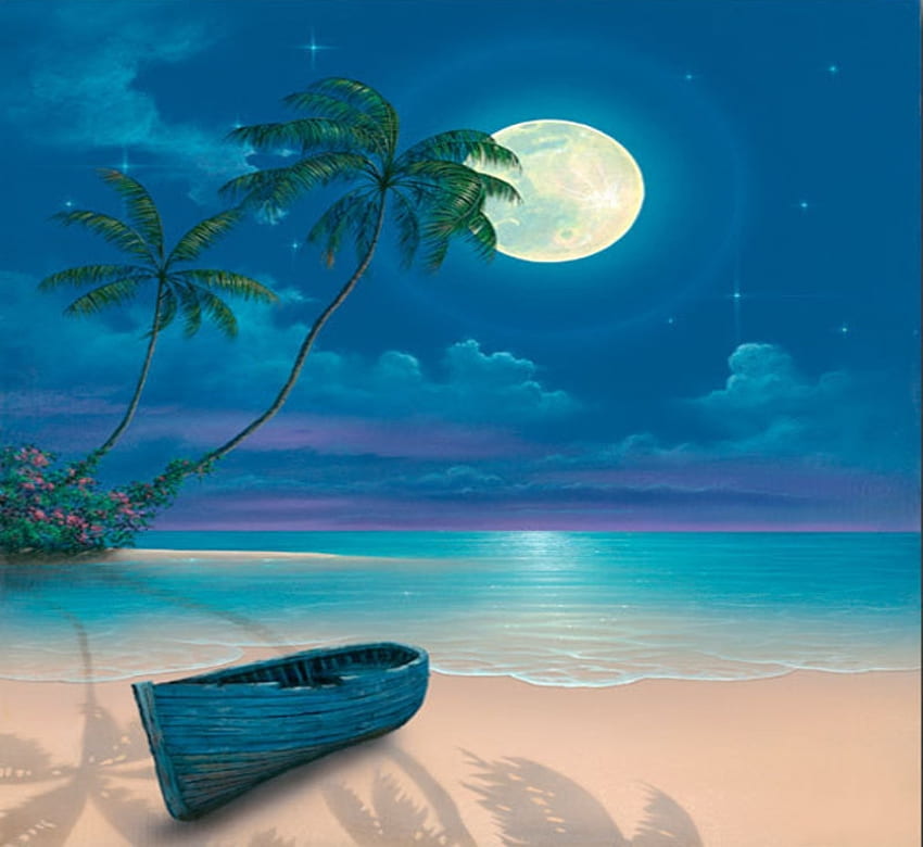 CIENIE KSIĘŻYCA, noc, błękit, cienie, kajak, księżyc, plaża Tapeta HD